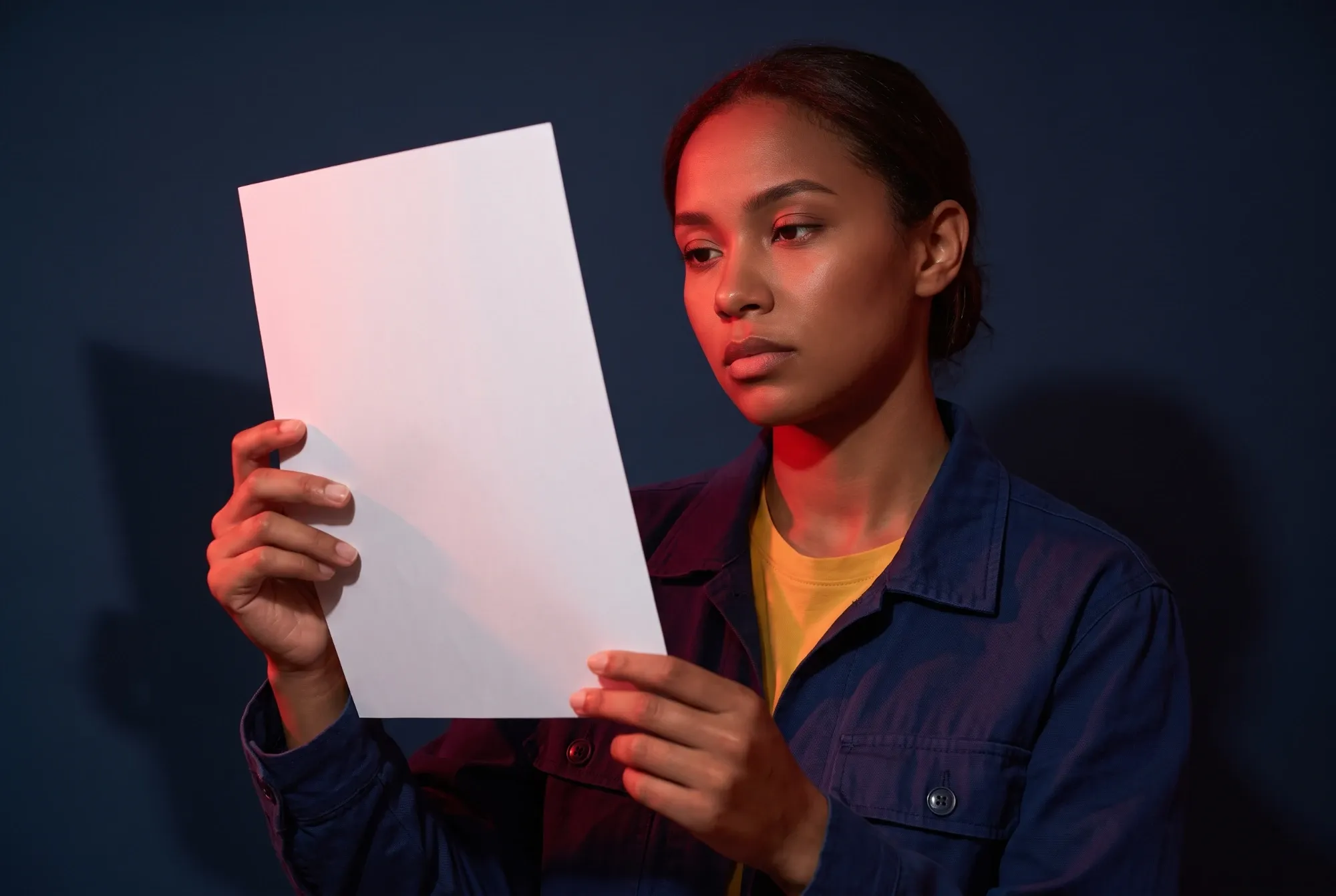 A woman holding a printed sheet up to the light and studying it closely