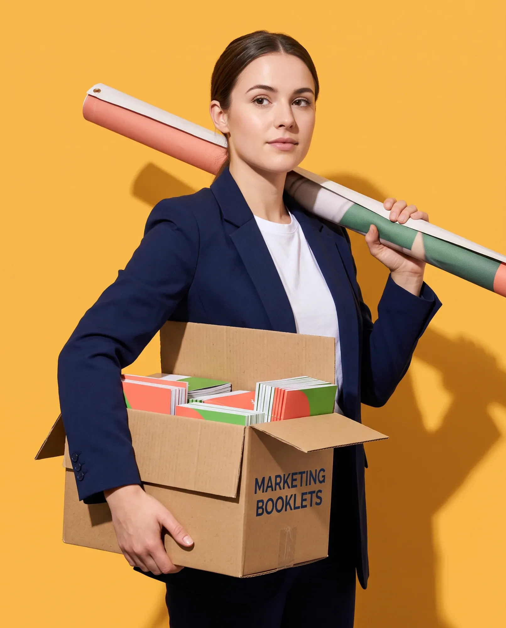 A woman in a navy suit carrying a rolled banner on her shoulder and a box of printed booklets