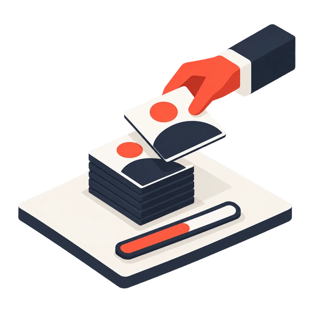 A hand lifting a printed card from a stack, with a part-filled coral progress bar below