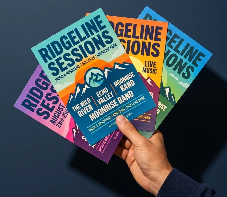 A hand holding a fan of brightly coloured flyers against a dark blue background