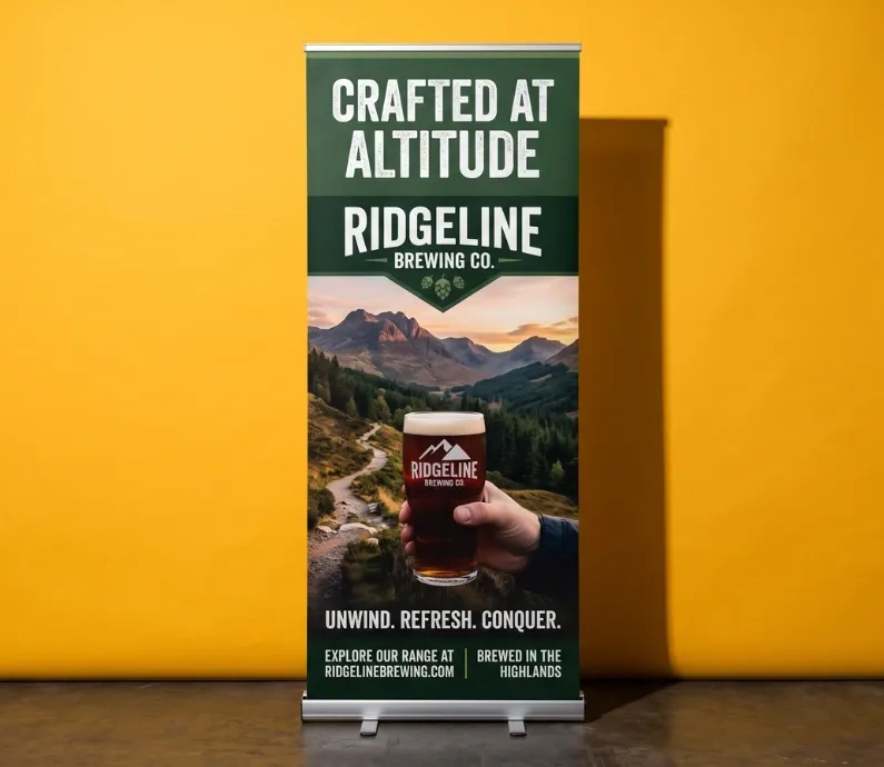A printed roller banner standing against a yellow background